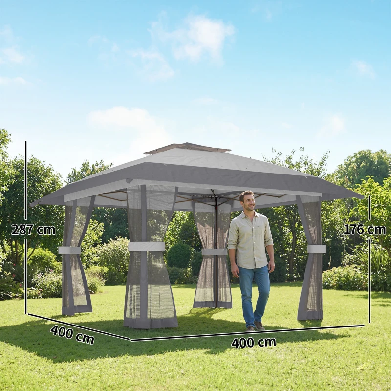 Outsunny Paviljoen 4x4m Waterdicht Verstelbaar Pop-up Inklapbaar Paviljoen met Dubbel Dak en 4 Netpanelen, UV 30+ Lichtgrijs