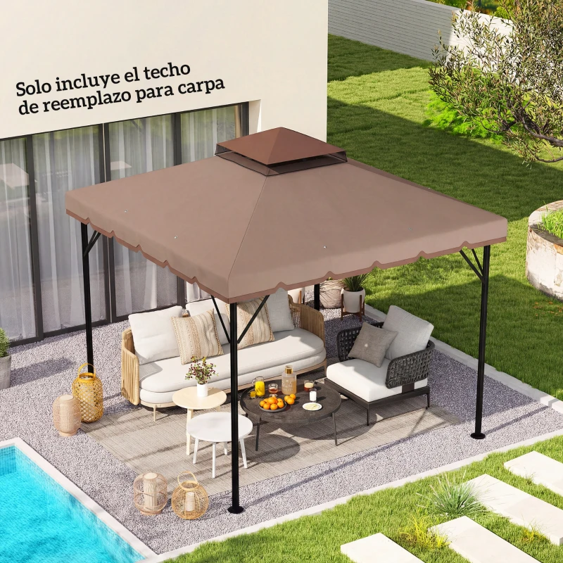 Outsunny Toile de rechange 3x3 m à double toit Orifices de drainage et UPF 30+ Seulement la toile NE COMPREND PAS le cadre Kaki