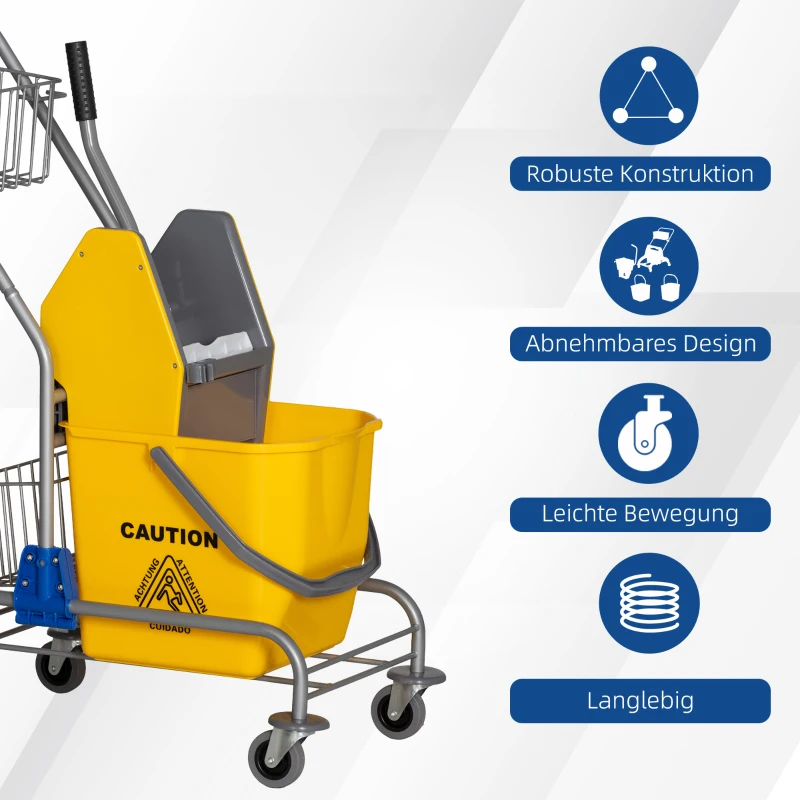 HOMCOM Reinigungseimer, Wischmoppeimer, rollbar, Kunststoff, Metallgriff, Gelb