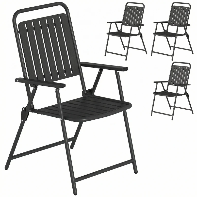 Outsunny Set de 4 scaune de grădină pliabile pentru exterior cu cotiere, spătar și șezut cadru metalic 55x63x93 cm negru