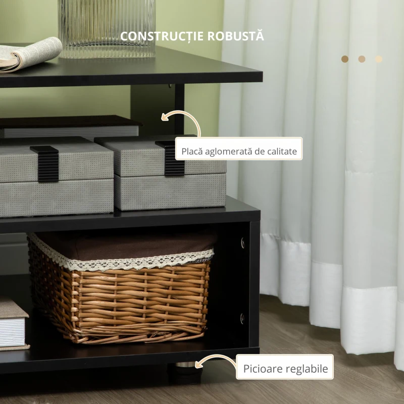 HOMCOM Masa laterala moderna cu rafturi de depozitare, masa de capat patrata pentru dormitor, camera de zi, spatiu mic, stand de noapte cu picioare reglabile, negru