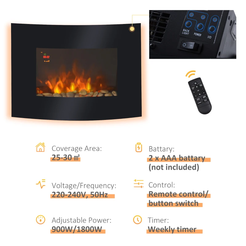 HOMCOM Șemineu Electric Încălzire 900-1800W Flacără 7 Culori și Telecomandă Negru