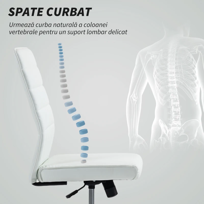 HOMCOM Scaun de Birou Ergonomic și Reglabil cu Spătar Curbat, din Piele PU și Oțel, 58x53x97-107 cm, Alb