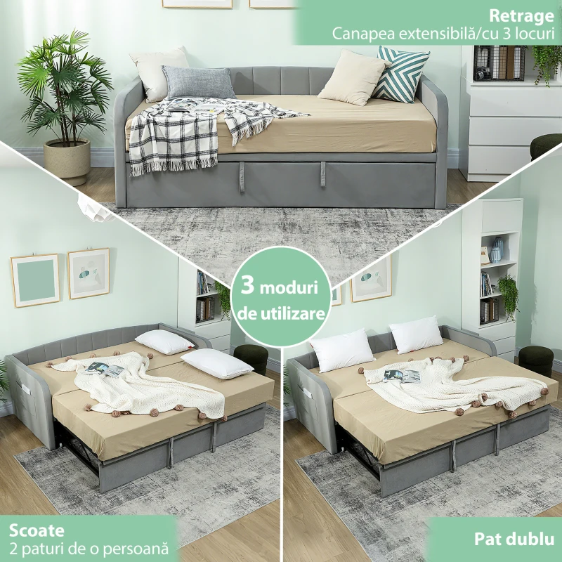 HOMCOM Pat Canapea 90/180x190 cm, Pat Extensibil Convertibil în Pat Dublu, Tapițerie, Cotiere, 2 Buzunare, Lamele din Plop, pentru Living sau Oaspeți, Gri Deschis
