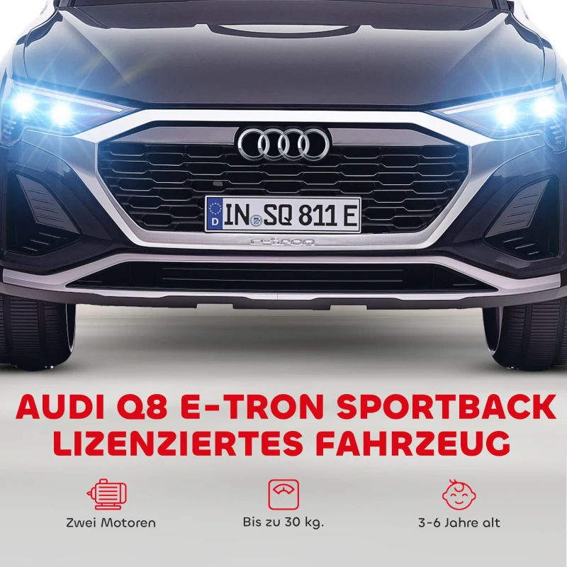 AIYAPLAY Elektrische kinderauto, 12V Audi Q8, 3-5 km/u, afstandsbediening, koplamp, muziek, Zwart(m-4)