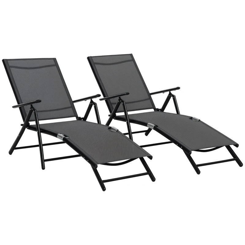 Outsunny Lot de 2 bain de soleil, chaise longue pliante, dossier réglable 7 positions, cadre en aluminium, 64x134x95cm, noir