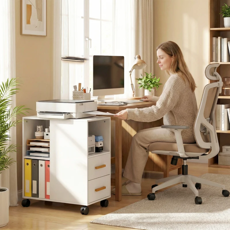 HOMCOM Druckerständer Druckertisch mit Verstellbar Ablage, Rollen für Fax Scanner 60 x 30 x 65 cm Weiß