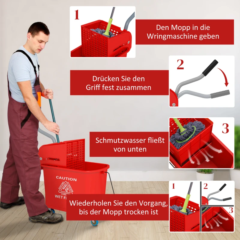 HOMCOM 20 L Mopp-Eimer mit Auswringer und Griff, Wischmopp-Eimer auf Rädern, Kunststoff, Rot