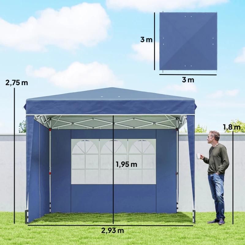 Outsunny Paviljoen 3 x3 m waterdicht in hoogte verstelbaar Pop-up vouwpaviljoen met 2 zijpanelen, UV 50+ opvouwbaar Donkerblauw