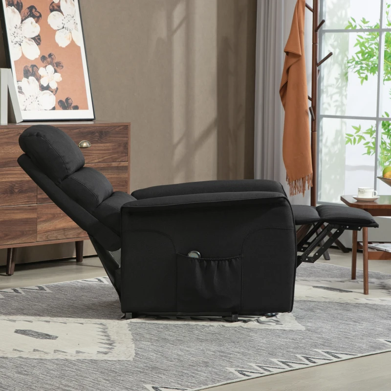 HOMCOM Sillón Relax Reclinable Eléctrico Levanta Personas con Mando a Distancia y Bolsillo Lateral Tapizado en Lino Negro