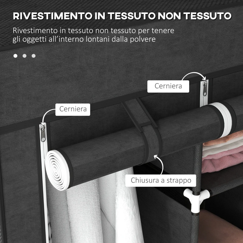 HOMCOM Guardaroba in Tessuto Armadio Salvaspazio 8 Ripiani 125x43x162.5cm Nero