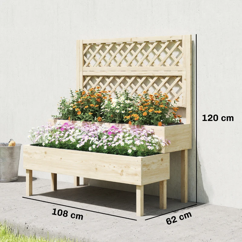 Outsunny Verhoogde plantenbak met trellis, 2-traps bloembak met 2 plantenbakken, hout 108 x 62 x 120 cm