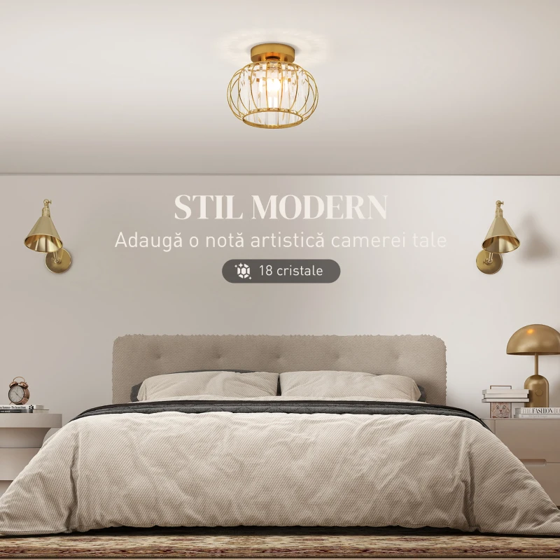 HOMCOM Plafonieră modernă, cristale, auriu, soclu E27, ideală pentru living și dormitor