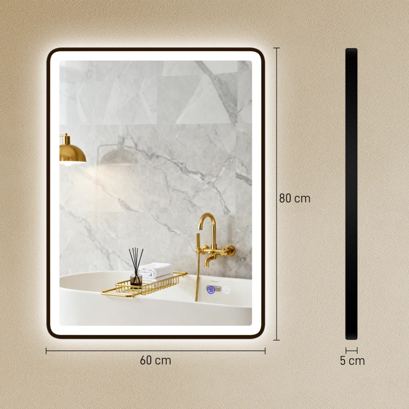 HOMCOM Espelho de Banheiro LED Antiembaçante Dimmável para Maquiagem com Iluminação 80x60 cm Moldura Preta