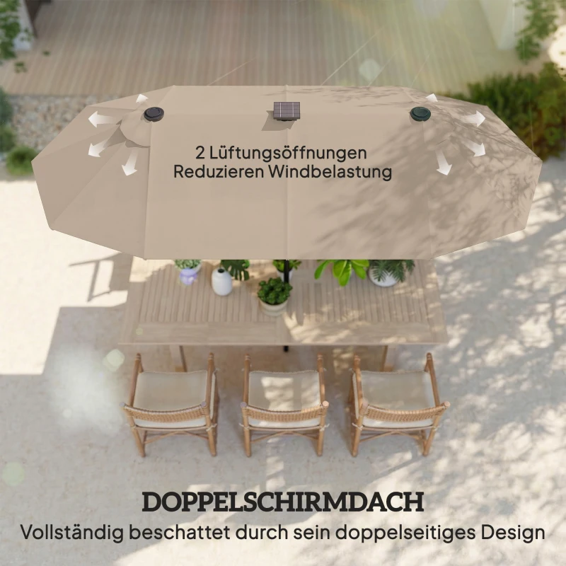 Outsunny Dubbele parasol 292 x 150 cm, parasol met LED-verlichting, handzwengel, kantelfunctie, Khaki