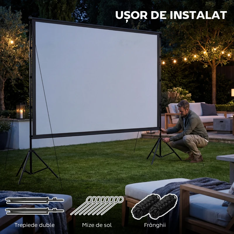 HOMCOM Ecran de Proiecție 120" 4K/8K HD Format 16:9 cu 2 Trepiede Pliabile, Ecran Portabil cu Față Dublă, Unghi Larg de 160°, pentru Cinema Acasă sau Exterior, Alb