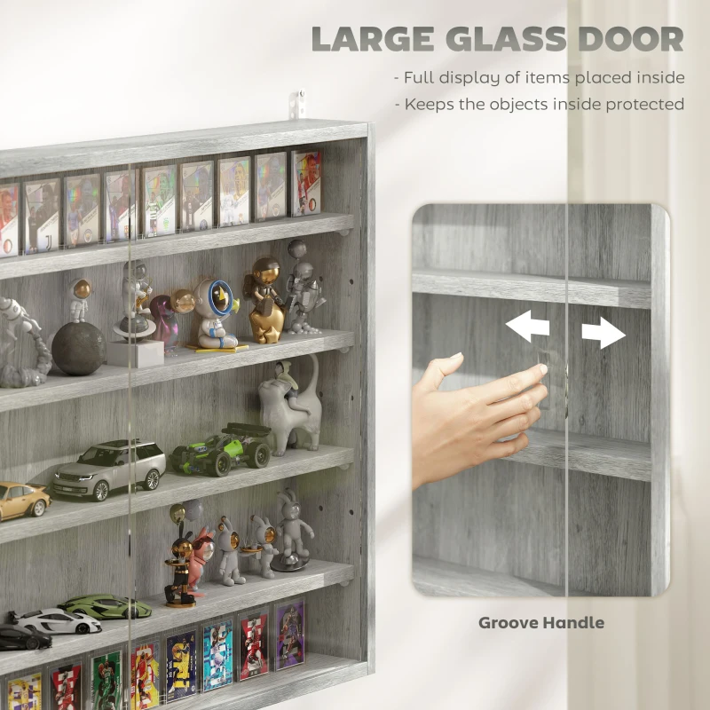 HOMCOM Vetrina per Collezionismo a 4 Ripiani Regolabili in Legno con Ante in Vetro, 80x9.5x60 cm, Grigio