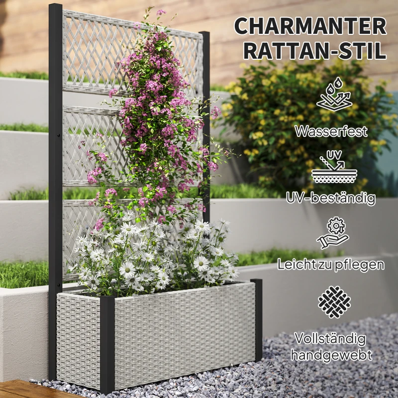 Outsunny Hochbeet mit Rankgitter in Rattan-Optik Pflanzkasten Blumenkasten mit Rankhilfe 90 x 35 x 148cm Grau