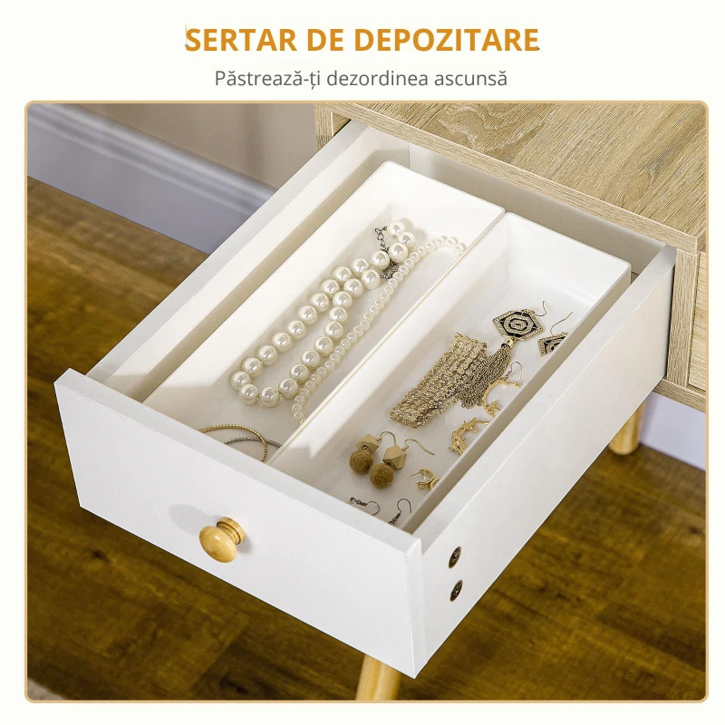 Homcom Set Masa Toaleta – Alb, Cu Oglinda Glisanta & Scaun Tapitat