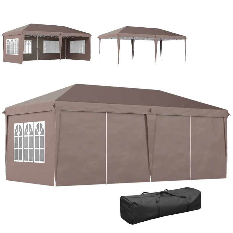 Outsunny Carpa Plegable 6x3 m Pop-up con 4 Laterales Desmontables Cenador de Jardín con 4 Ventanas y Bolsa de Transporte Café