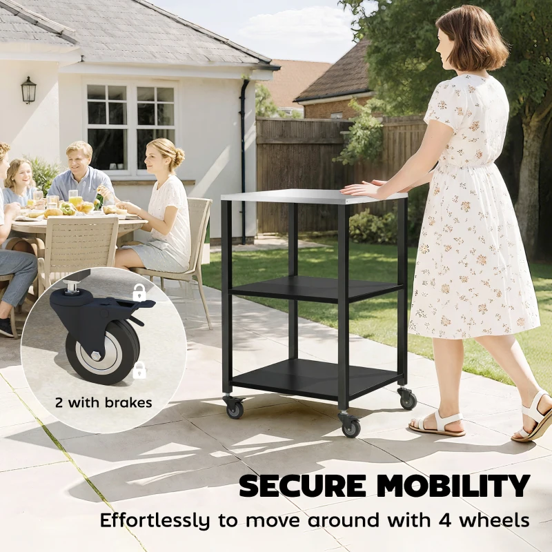 Outsunny Grillwagen met 3 Etages en Roestvrijstalen Werkblad, Serveerwagen 50 x 50 x 90 cm Zwart