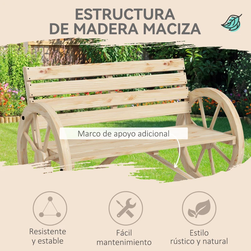 Outsunny Banco de Jardín de Madera con Reposabrazos en Forma de Rueda para 2 Personas 105,5x56x79 cm Madera Natural