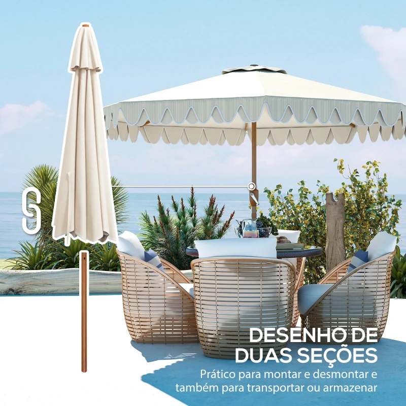Outsunny Chapéu de Sol de Jardim Ø264x240 cm com Ângulo Ajustável Manivela e Toldo com Volantes Decorativos para Pátio Terraço Creme