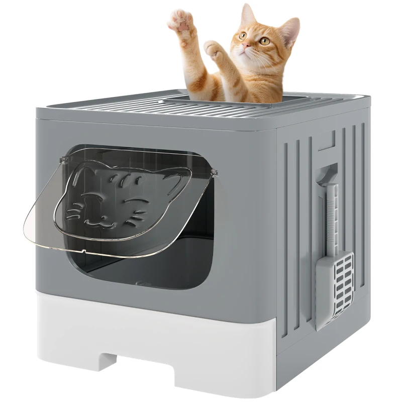 PawHut Foldable Cat Litter Box with Lid, Slide-Out Drawer, Scoop, Easy Clean, Odour Control, Anti-Splashing, Grey
