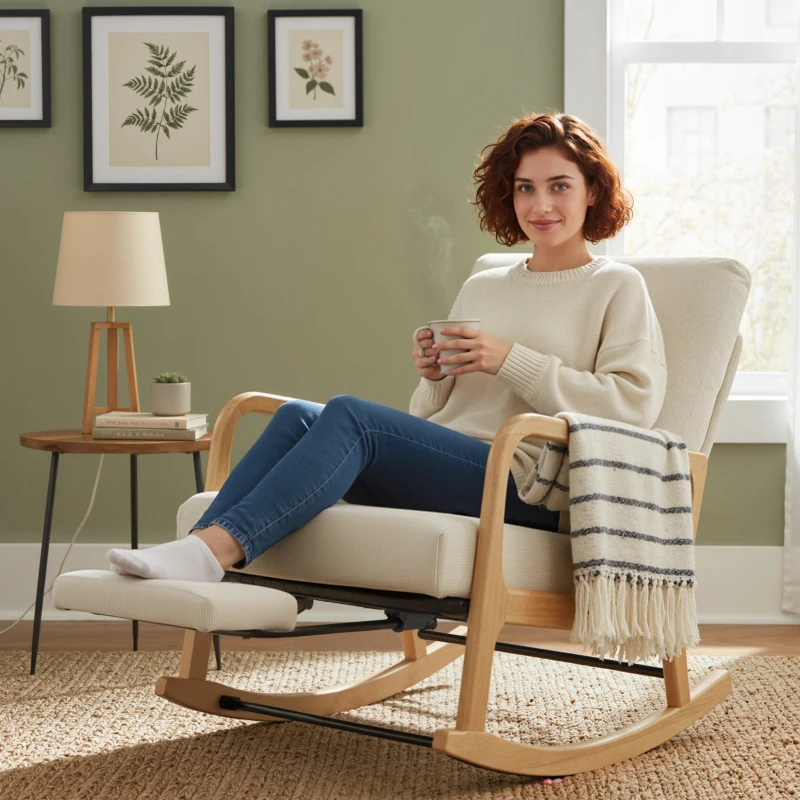 HOMCOM Silla Mecedora Nórdica con Reposapiés Respaldo Ajustable Mecedora de Pana Patas de Madera y Reposabrazos Cojín Crema