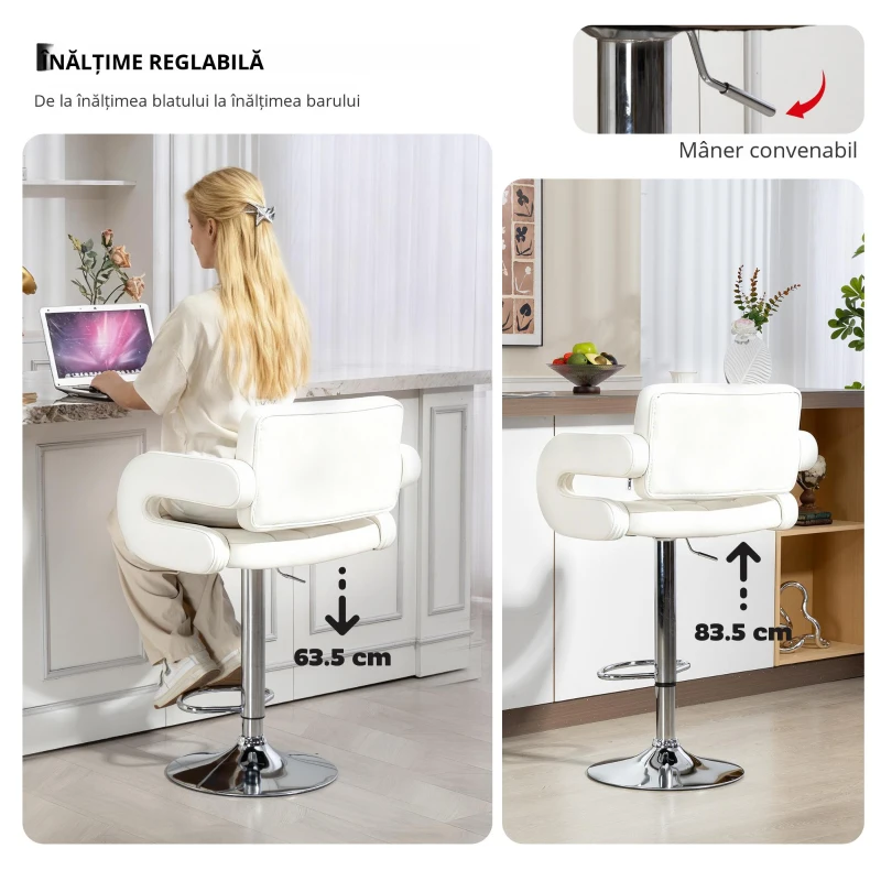 HOMCOM Scaun inalt de bar cu Spatar si Brate, Reglabil, Rotativ
