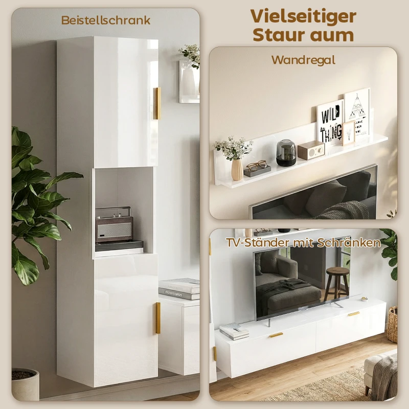 HOMCOM Schwebendes TV-Board mit Klapptüren Entertainment-Center Wandregal Schrank 180 cm Hochglanz Weiß