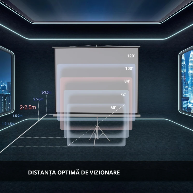 HOMCOM Ecran de Proiecție 84 inch cu Stativ, Suprafață de Proiecție 4:3, Pliabil și Reglabil pe Înălțime, 171x128 cm, Alb