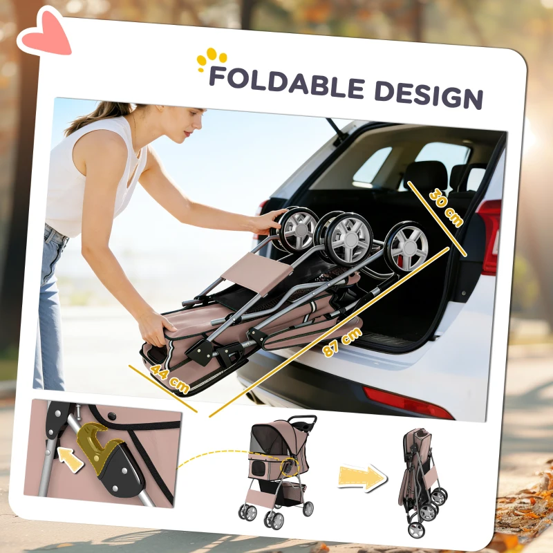 PawHut Dog Pram, Pet Stroller with Reflective Strips, Foldable Cat Stroller with 360° Swivel Wheels, Brown