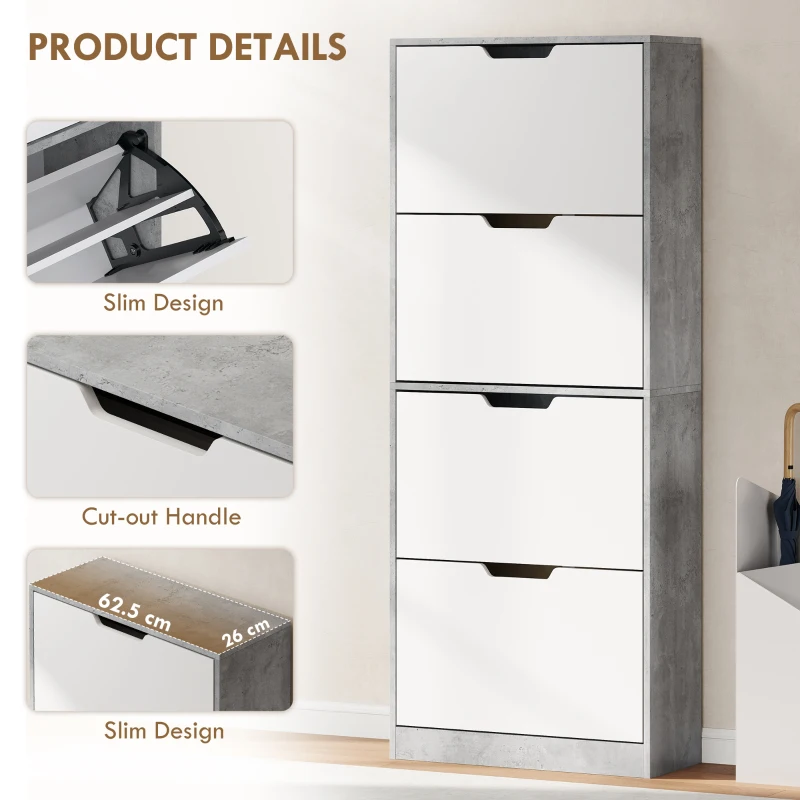 HOMCOM Scarpieră Economisitoare de Spațiu Modernă cu 4 Ante pentru 16 Perechi de Pantofi, 62.5x26x156 cm, Gri Ciment