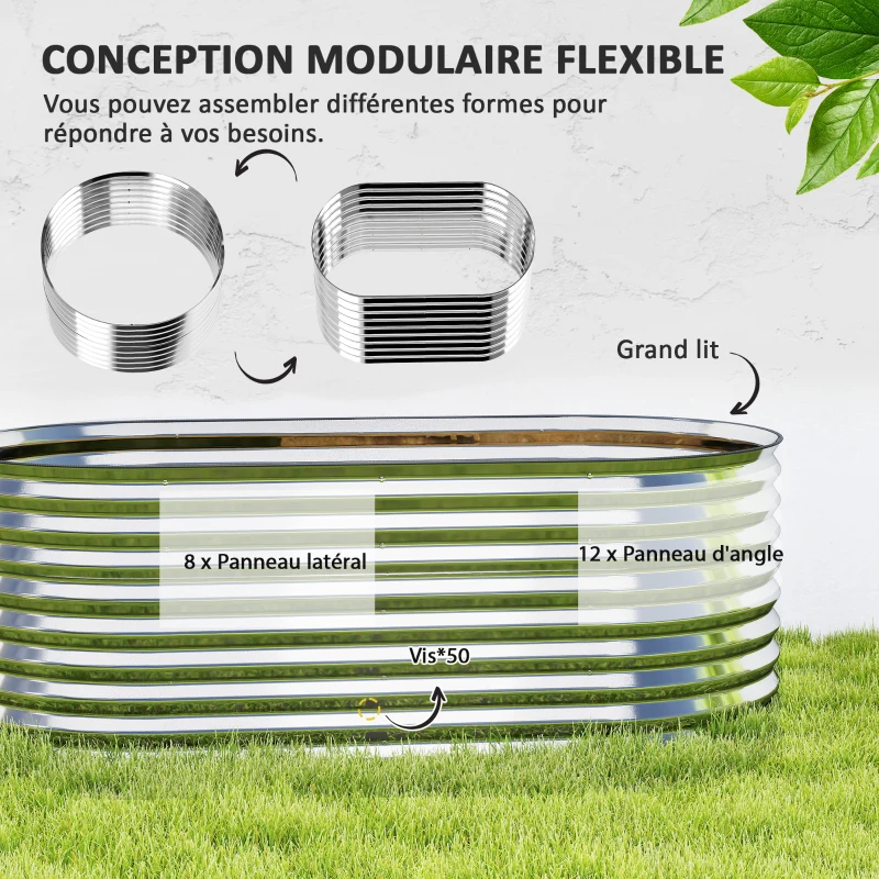 Outsunny Carré potager de jardin potager surélevé, résistant à la rouille en acier galvanisé 160 x 80 x 56 cm argent