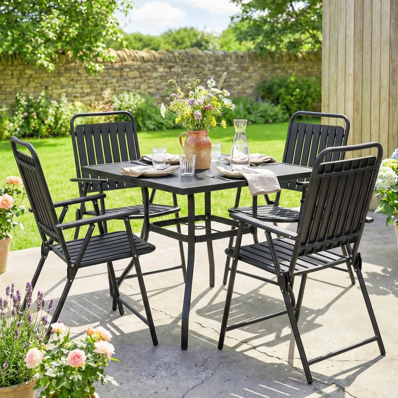 Outsunny Set de 4 scaune de grădină pliabile pentru exterior cu cotiere, spătar și șezut cadru metalic 55x63x93 cm negru