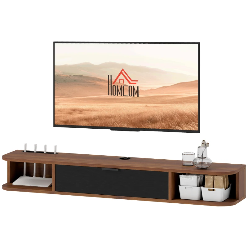HOMCOM Mobilier TV Suspendat, Suport TV Până la 50" cu Sertar Rabatabil, 2 Rafturi Deschise și Orificiu pentru Cabluri, Mobilier pentru Televizor pentru Sufragerie, Dormitor și Sală de Stat, 120x24x16 cm, Nuc
