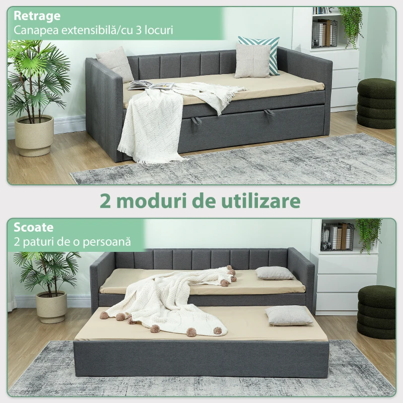 HOMCOM Cadru Pat Simplu 90x190 cm, Canapea cu Al Doilea Pat Extensibil, Tetieră Căptușită, Cotiere, Lamele din Lemn de Plop, pentru Cameră Living Oaspeți, Fără Saltea, Gri Închis