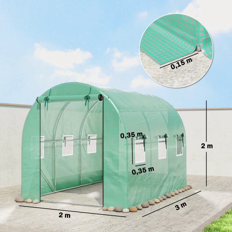 Outsunny Kas 3 x 2 x 2 m Foliekas met oprolbare 2 ritssluitingsdeuren & 6 gaasramen, steunstangen, groen