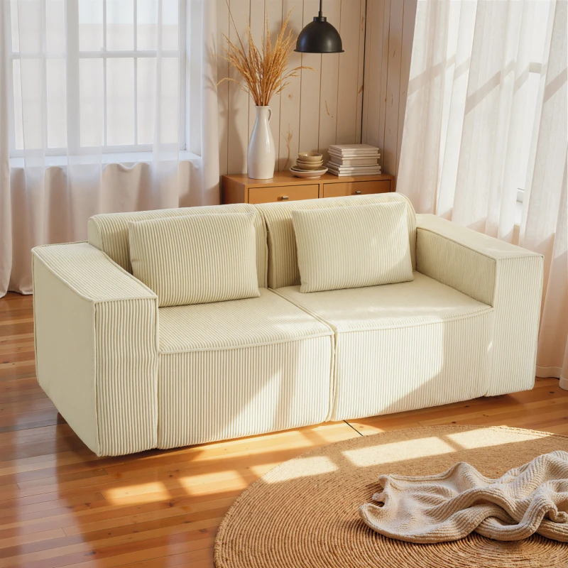 HOMCOM Canapea 3 Locuri Extra Profundă 65 cm, Modulară Fără Structură cu Perne Groase, Cotiere Largi și 2 Perne, Sofá Modern din Catifea pentru Living și Sufragerie, Bej