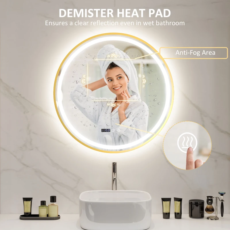 HOMCOM 60cm Anti-Fog LED Bathroom Mirror - Gold Tone