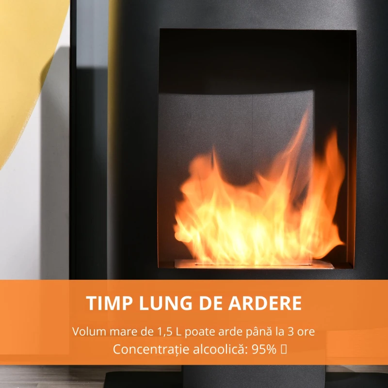 Semineu cu alcool portabil HOMCOM, fara aerisire, cu arzatoare cu bioetanol de 0.9 L/ 3 ore, incalzitoare cu baza din otel de 2000 W pentru interior si exterior, Negru