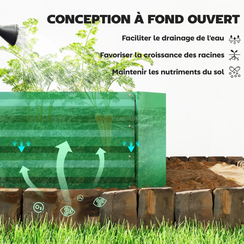 Outsunny Jardinière extérieure carré potager galvanisée avec bordure de sécurité et fond ouvert 240 x 120 x 30 cm vert