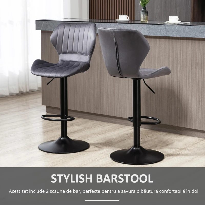 Homcom Set 2 Scaune Bar – Negru Catifea, Reglabile & Cu Spatar
