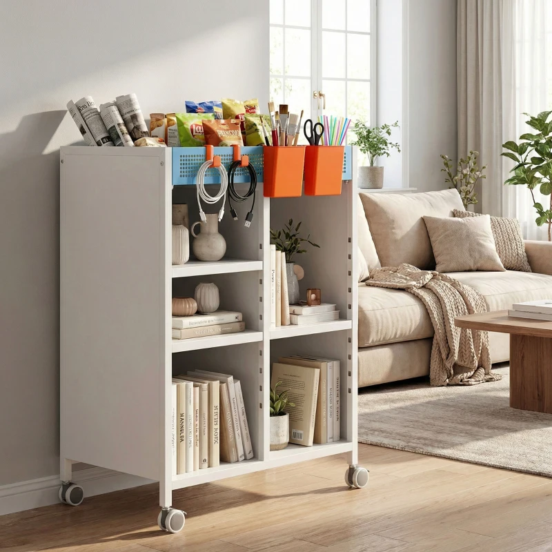 HOMCOM Étagère sur roulettes, 4 niveaux, tablettes réglables & paniers suspendus pour bureau à domicile et salon, Blanc