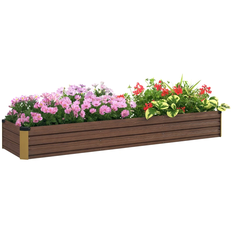 Outsunny Pat de Grădină Ridicat 405L, Jardiniere de Exterior din Oțel Galvanizat cu Bază Deschisă, pentru Plante, Flori și Legume, 240x60x30 cm, Imitație Lemn Închis