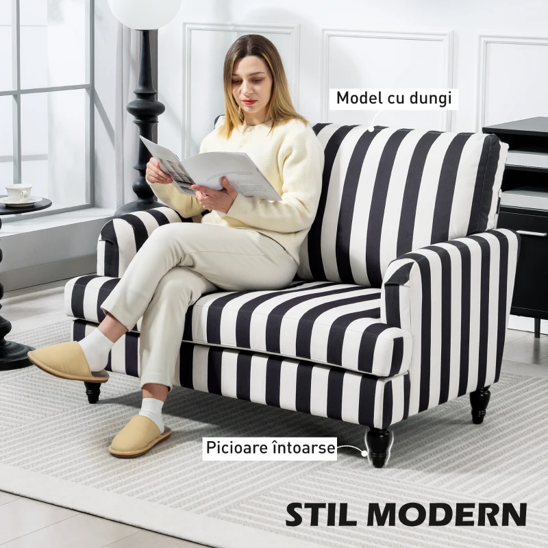 HOMCOM Fotoliu de Living cu Șezut Larg și Cotiere Lungi, Fotoliu din Catifea cu Dungi și Umplutură Groasă, 115x82x82 cm, Negru și Alb