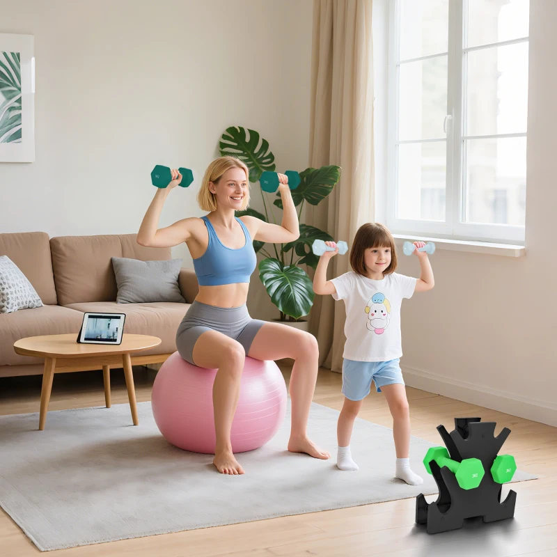 SPORTNOW Kit Pesi Esagonali da 18 kg Totali con Supporto Incluso, in Acciaio, Metallo e Plastica, Multicolore