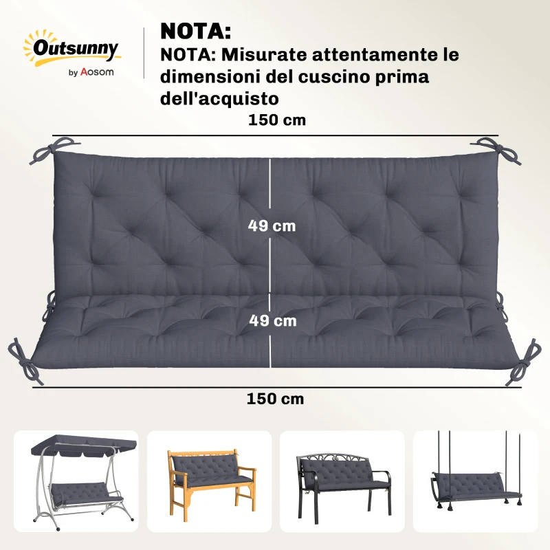 Outsunny Cuscino da Giardino in Stile Capitonné con 6 Lacci, in Cotone e Poliestere, 150x98x8 cm, Grigio Scuro