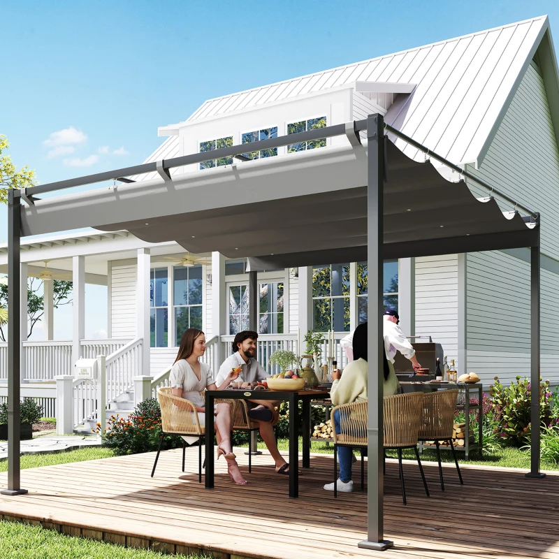 Outsunny Pergola Rétractable Coulissante 3 x 3 m tonnelle de Jardin à fixation magnétique Tissu Polyester Haute densité gris